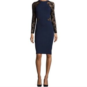 French Connection Viven Semi Sheer Lace Bodycon Dress Navy